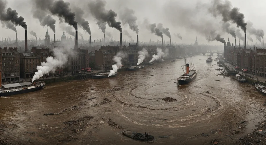 A panoramic view of the River Thames in London during the mid-19th century, with smoke billowing fro