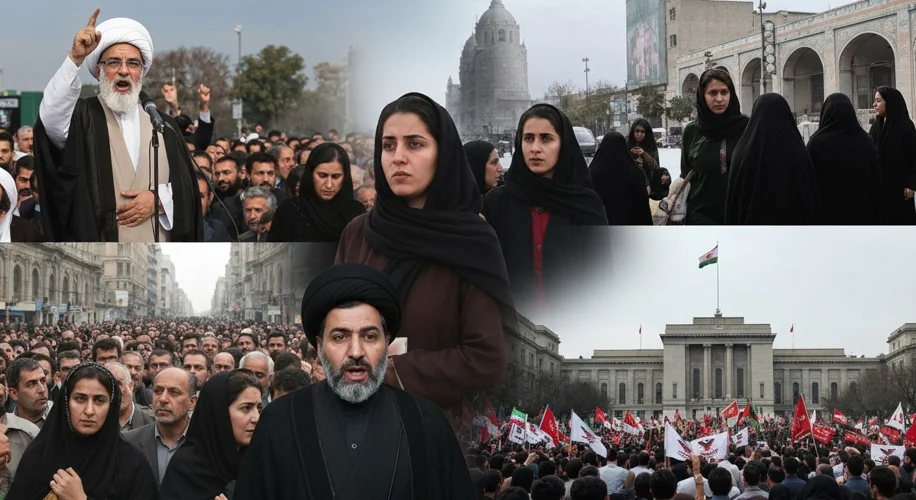 A collage of images depicting the aftermath of the Iranian Revolution. One image shows Ayatollah Kho