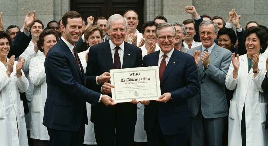 A jubilant Dr. William Foege and WHO officials holding a certificate declaring the eradication of sm