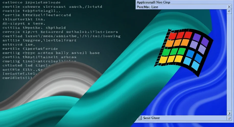 A montage of early personal computer interfaces, showing the evolution from command-line text-based 