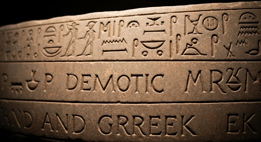 A close-up, detailed photograph of the Rosetta Stone, highlighting the three distinct scripts inscri