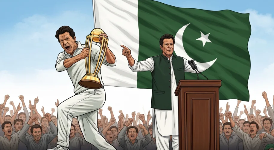 A dynamic illustration depicting Imran Khan transitioning from a triumphant cricket pose, holding a 