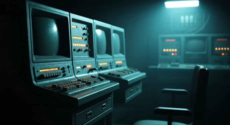 A dimly lit room with a vintage computer terminal displaying lines of code, suggesting clandestine a