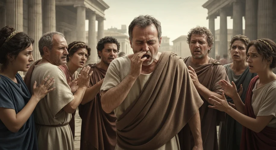 A Roman citizen sneezing, with other Romans looking on with expressions of concern and superstition.