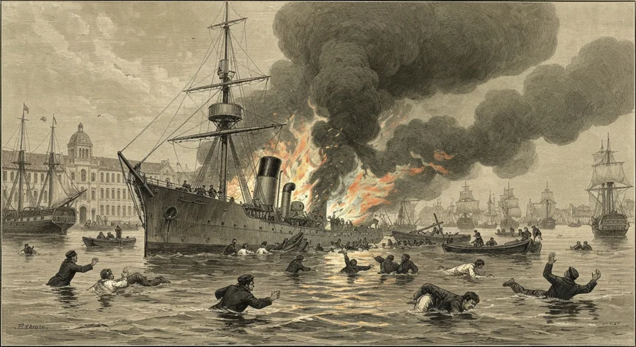 A dramatic, sepia-toned illustration of the USS Maine exploding in Havana Harbor, with Spanish-style