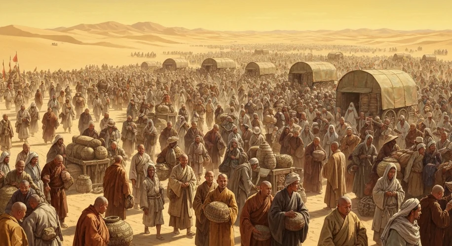 A bustling Silk Road caravan passing through the Taklamakan Desert, with merchants and monks interac