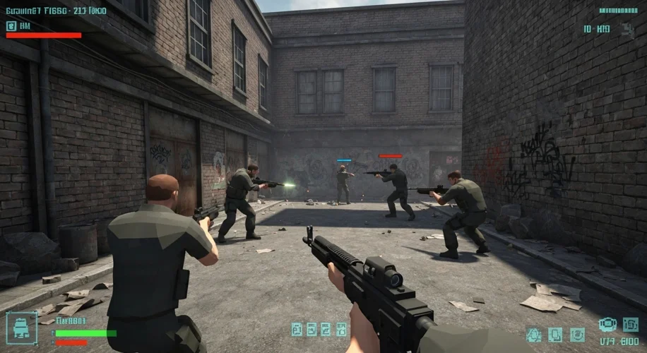 A screenshot from the original Counter-Strike beta, showing two teams of stylized characters clashin