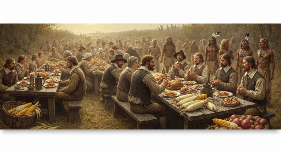 A scene depicting the first harvest thanksgiving feast. Pilgrims in rough clothing share a meal outd