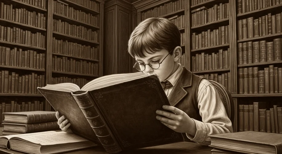 A detailed, sepia-toned illustration of a Victorian-era child, perhaps a boy with spectacles, deeply