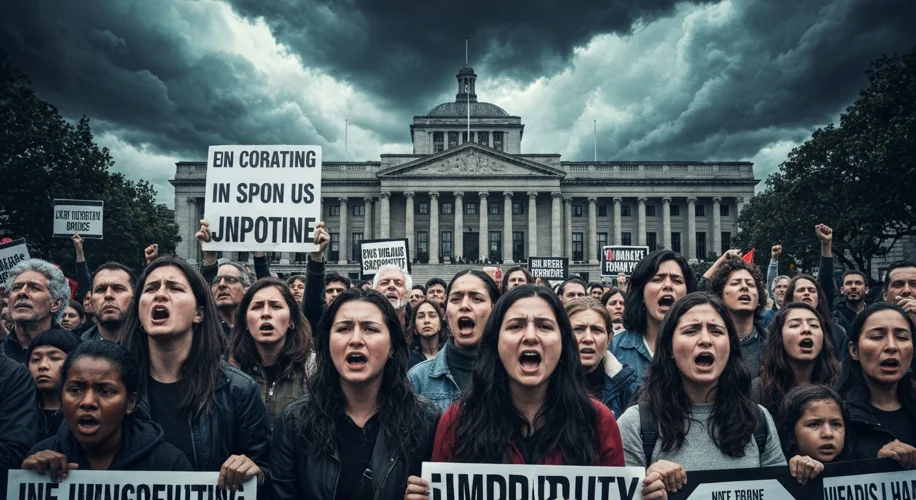 A crowd of diverse people holding signs demanding justice and accountability, with a courthouse in t