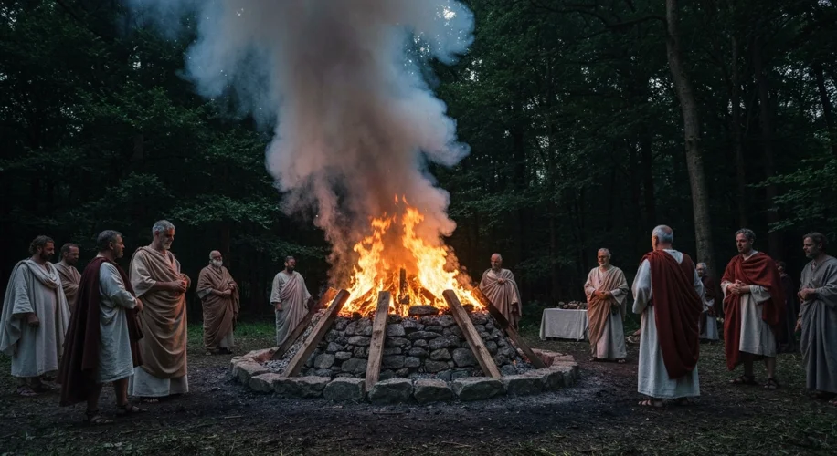 A reconstruction of a Gallo-Roman funeral pyre in a Belgian forest clearing, with figures in togas a