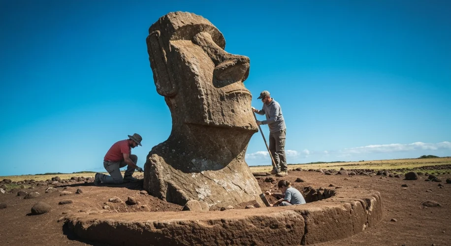 A partially excavated, weathered moai statue emerging from the earth on Easter Island, with archaeol