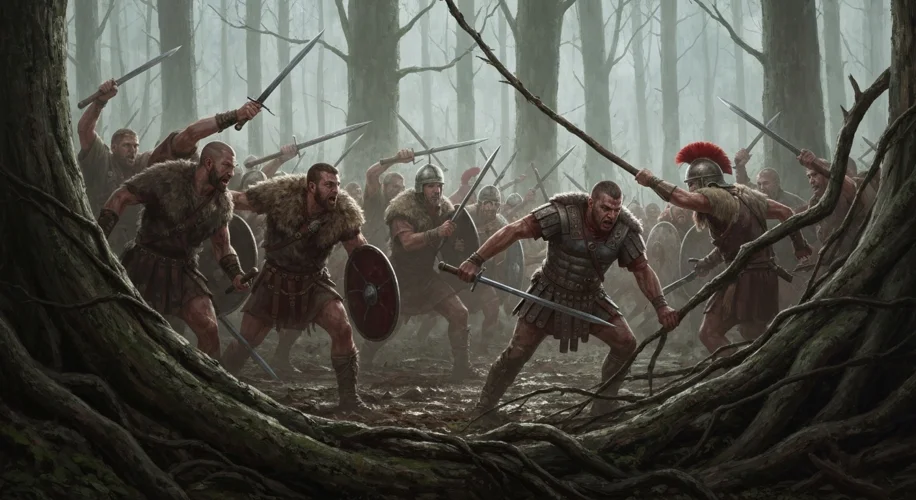 A dramatic depiction of Germanic warriors ambushing Roman legionaries in a dense, fog-shrouded fores