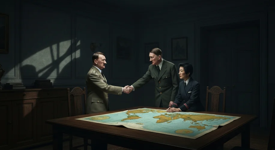 A dimly lit room in 1940s Berlin, Hitler and Japanese Ambassador Oshima Hiroshi shaking hands over a