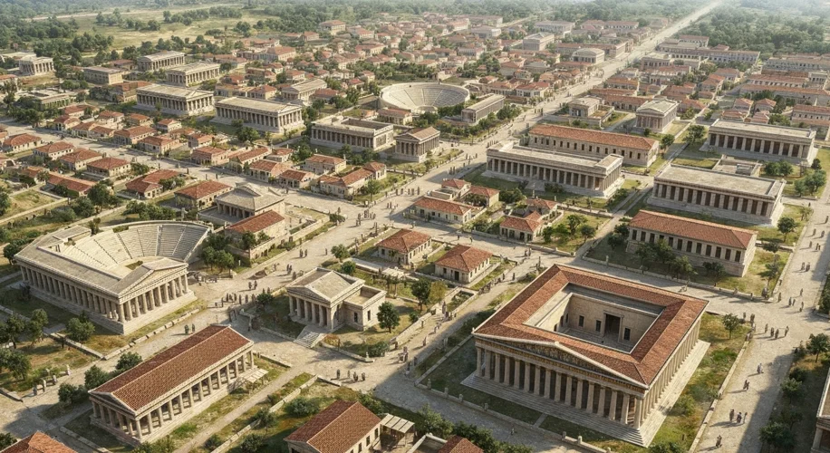 A reconstruction of the ancient Greek city of Miletus, showcasing the Hippodamian grid plan with wid