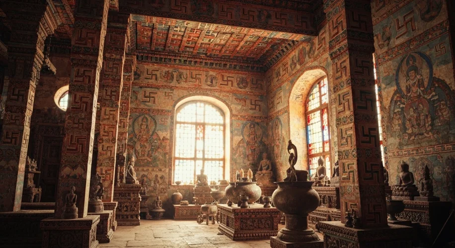 An ancient Indian or Tibetan temple interior, bathed in soft light, with intricate carvings and pain