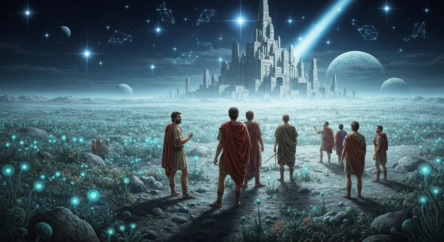 A mosaic depicting ancient Roman explorers arriving on a lunar landscape. The moon surface is dotted