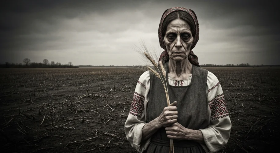 A poignant image of a Ukrainian peasant woman, gaunt and hollow-eyed, clutching a single stalk of wh