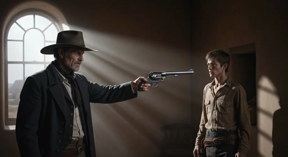 Sheriff Pat Garrett, a stern figure in a wide-brimmed hat and duster coat, confronts a young, desper