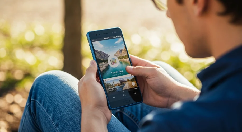 A person using a Sony Xperia smartphone to film a video in a park, with the phone's screen showing a
