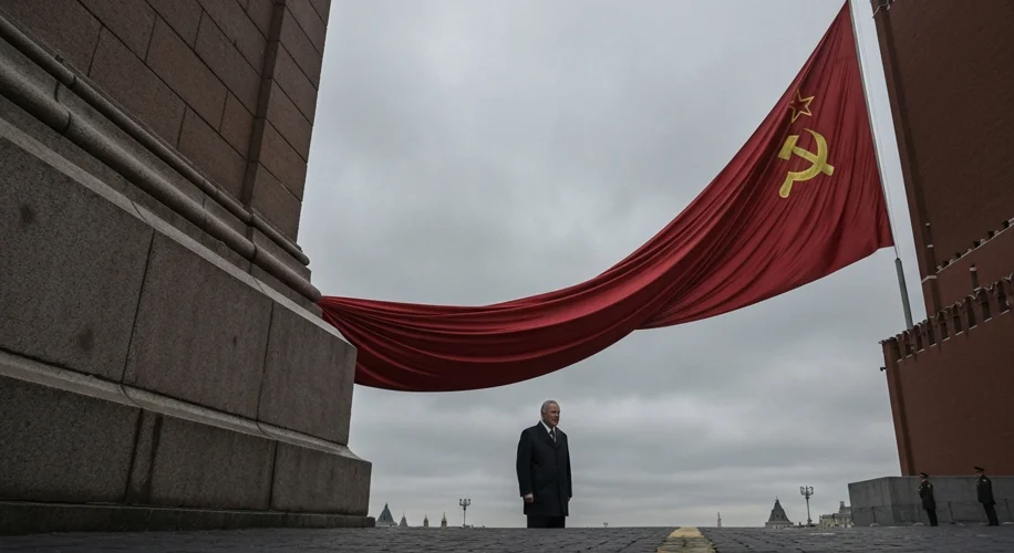 A dramatic scene of the Soviet flag being lowered for the last time in Red Square, Moscow, with Gorb