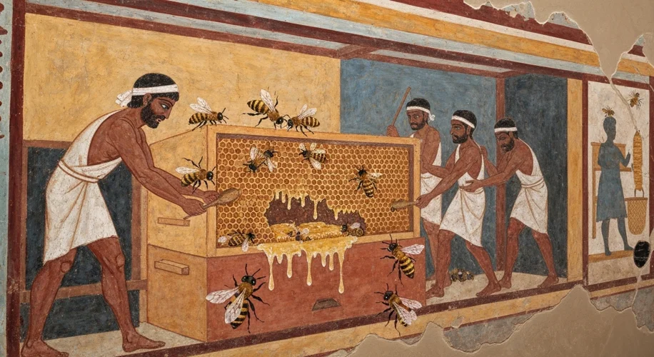 A Minoan fresco depicting people tending to a beehive, with honeycomb and bees prominently featured.