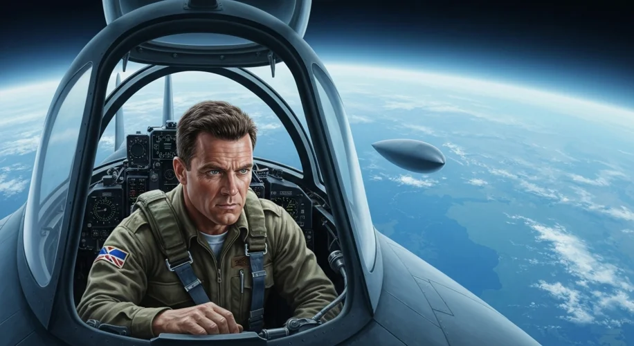 Francis Gary Powers in the cockpit of a Lockheed U-2 spy plane, looking determined, with a backdrop 