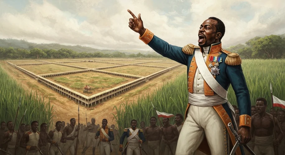 Toussaint Louverture, depicted in military attire, addressing his troops with a determined expressio
