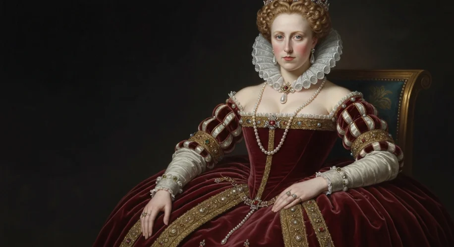 A portrait of a young Queen Elizabeth I, looking determined and regal, perhaps with a richly decorat