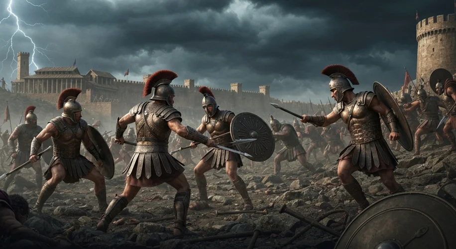 A dramatic scene depicting Greek warriors in bronze armor clashing with Trojan defenders on a rocky 