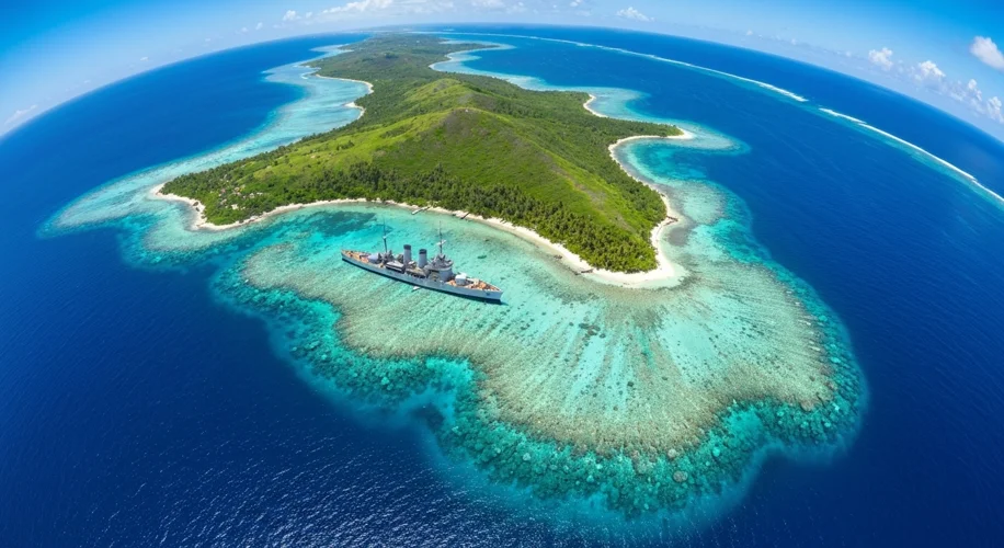 An aerial view of Diego Garcia's lush green island surrounded by a turquoise lagoon, with the imposi