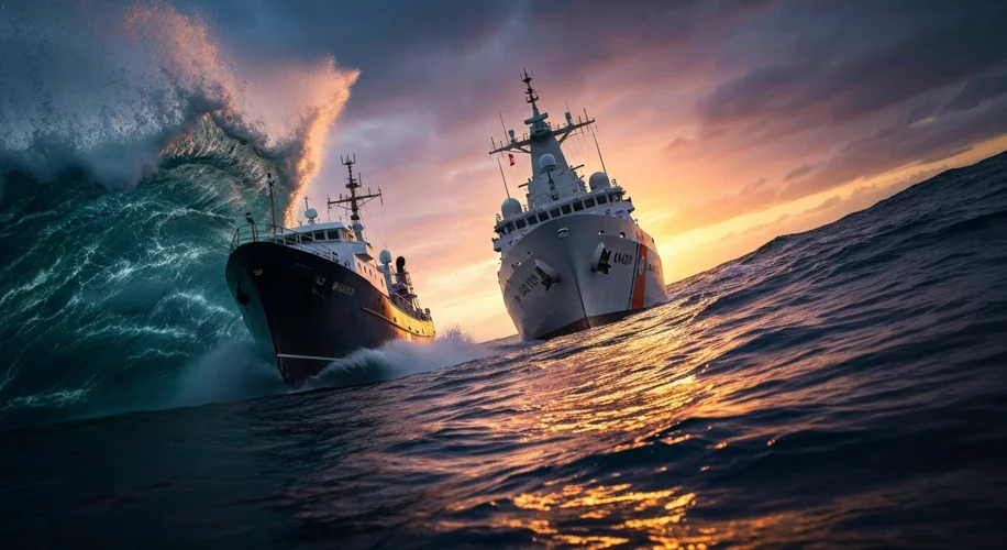 A low-angle shot of a heavily armed U.S. Coast Guard cutter approaching a suspicious-looking, low-pr