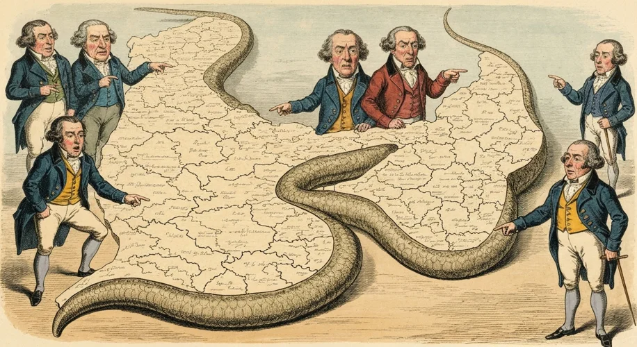 An old political cartoon depicting the oddly shaped district drawn in Massachusetts in 1812, resembl
