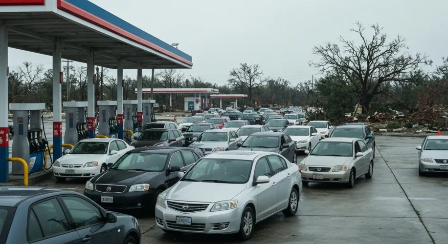 A modern scene of a gas station after a hurricane, with a long line of cars waiting to refuel. A sig