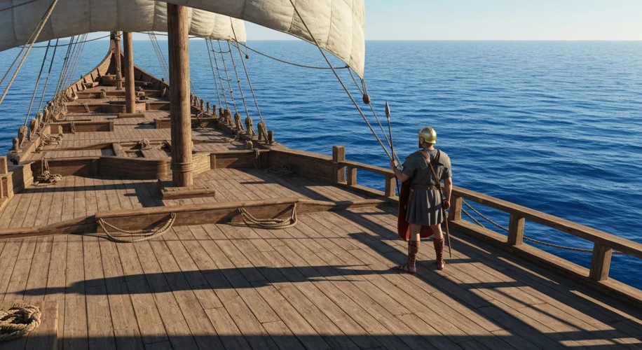 A Roman legionary soldier standing resolutely on the deck of a quinquereme warship, holding a pilum 