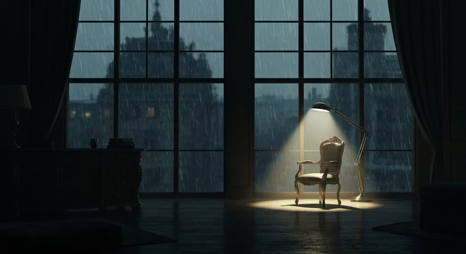 A dimly lit, opulent Moscow apartment interior at dawn. Rain streaks down a large window, through wh
