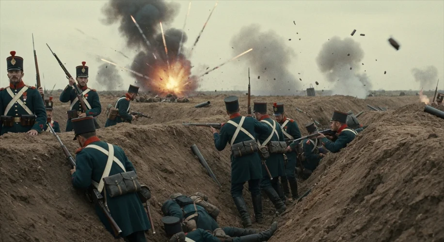 A dramatic scene depicting British, French, and Ottoman soldiers clashing with Russian forces amidst