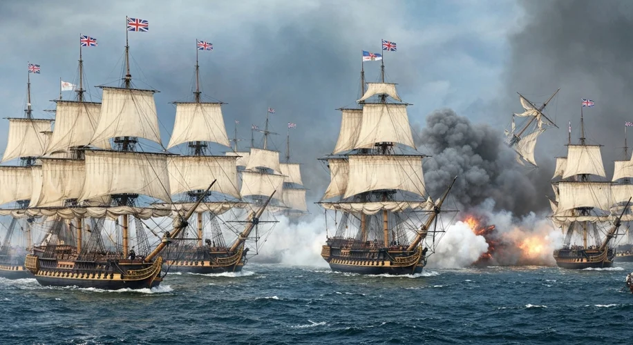 A depiction of the Battle of Trafalgar: British ships under Nelson's command engaging the Franco-Spa