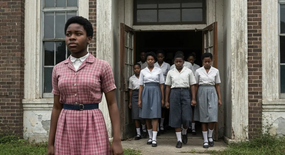 A determined Black teenage girl, Barbara Rose Johns, stands at the front of a group of equally deter