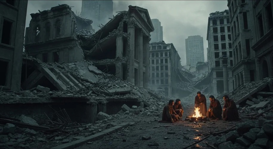 A panoramic view of ancient Rome at night, with a massive, uncontrolled fire raging through the city