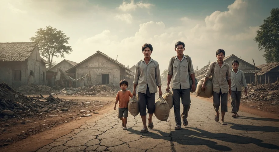 A poignant image of Cambodian civilians walking along a dusty road, carrying meager possessions, wit