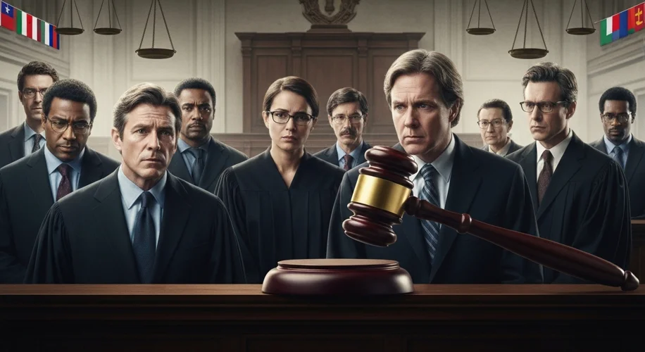 A diverse group of law professors in a courtroom, looking concerned as a gavel strikes. The backgrou