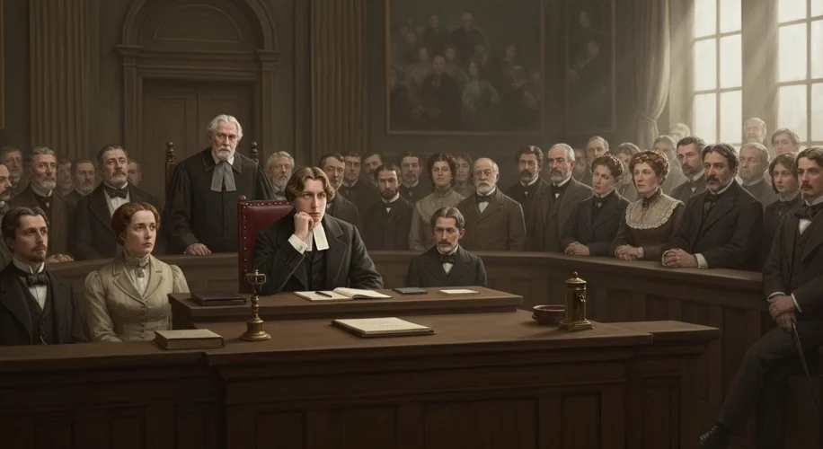 A dramatic courtroom scene in Victorian London, with Oscar Wilde looking somber on the stand, facing