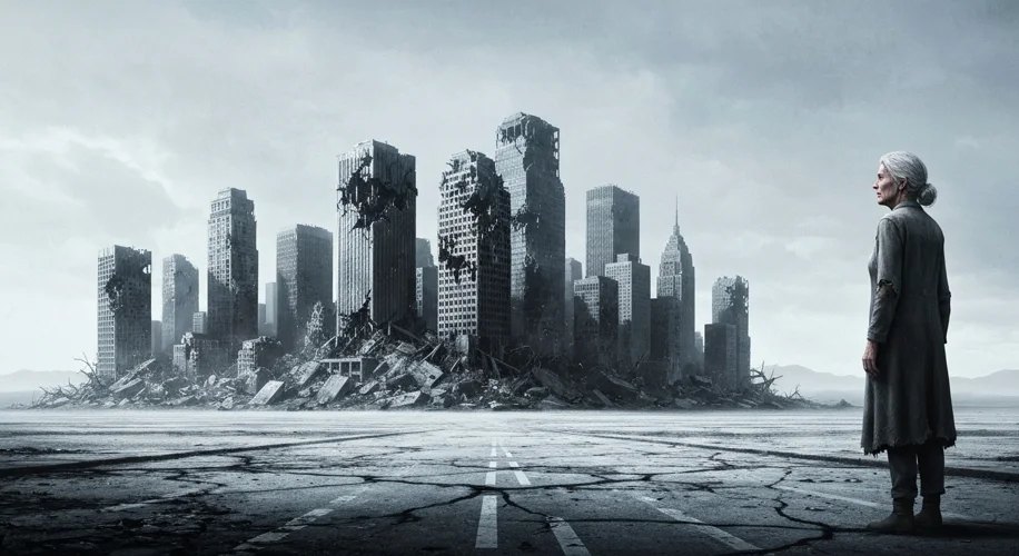 An immense volcanic eruption spewing lava and ash across a vast landscape, with terrified ancient re