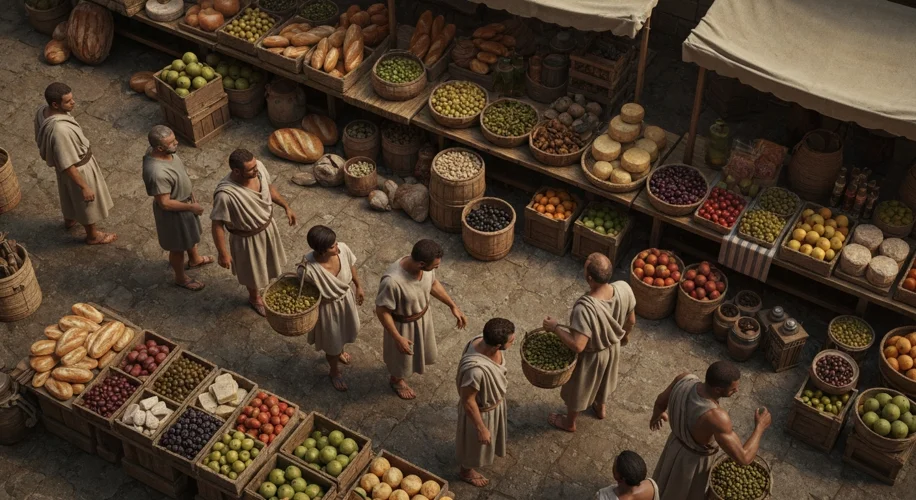 An overhead view of a bustling ancient Roman marketplace, with stalls laden with various foods like 