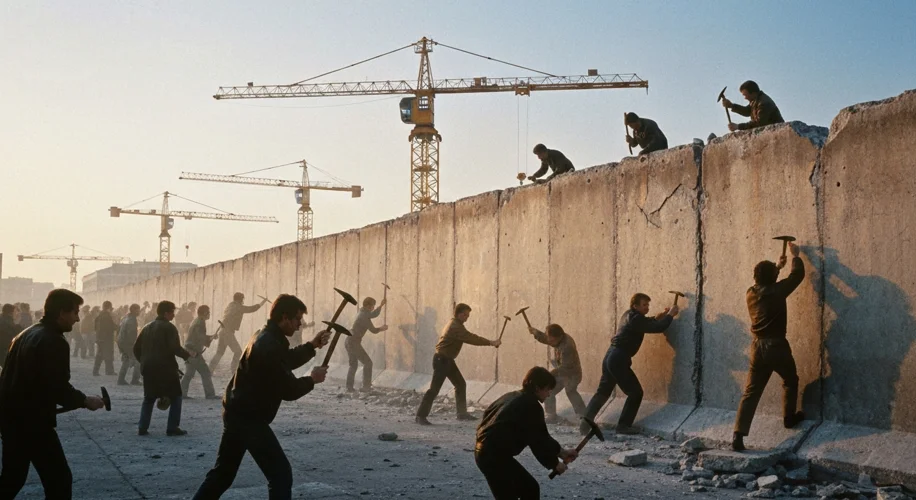 A panoramic view of the Berlin Wall being dismantled by people with hammers and chisels, with cranes
