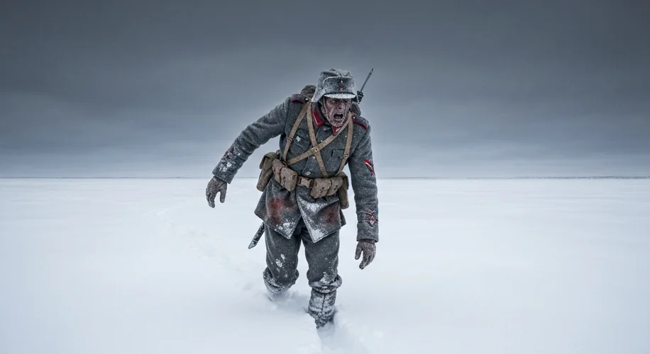 A tattered French soldier, gaunt and frostbitten, struggles through deep snow. His uniform is ragged