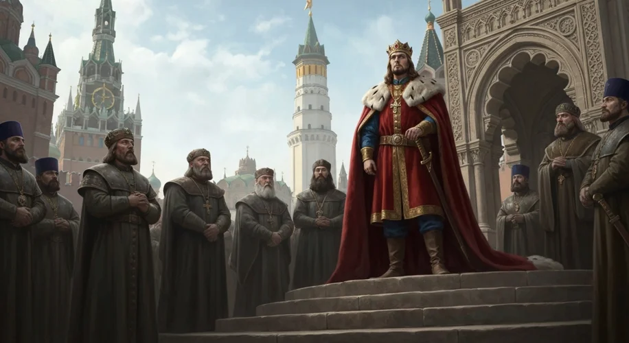 A young Ivan IV, looking stern and determined, stands on a raised platform in the Moscow Kremlin, we