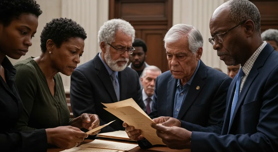 A somber gathering of people, some elderly, in a modern setting. They are looking at historical docu
