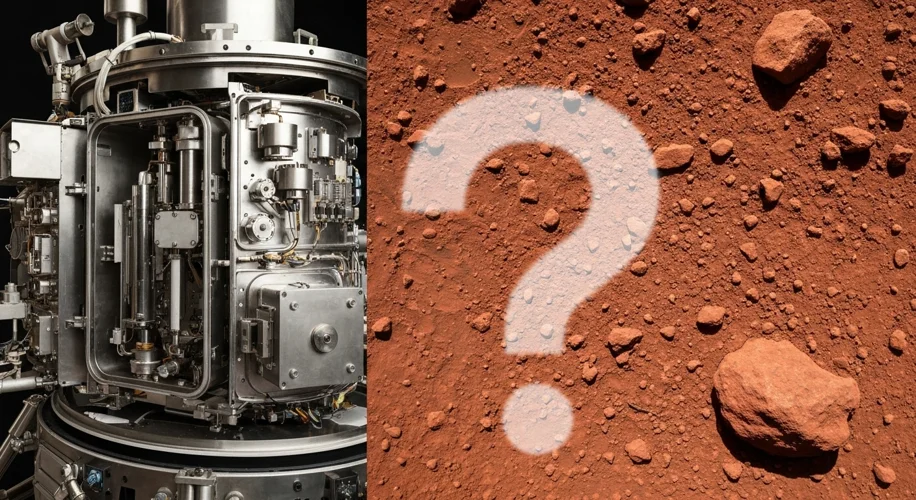 A split image showing the Viking 1 lander's experimental chamber and a close-up of Martian soil, wit